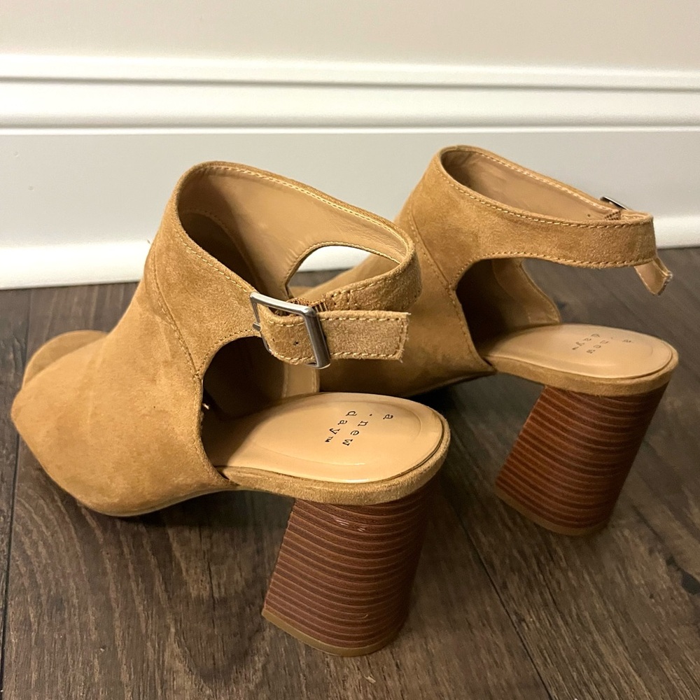 A NEW DAY - Tan Suede Open Toe Heels - Women’s Size 8
